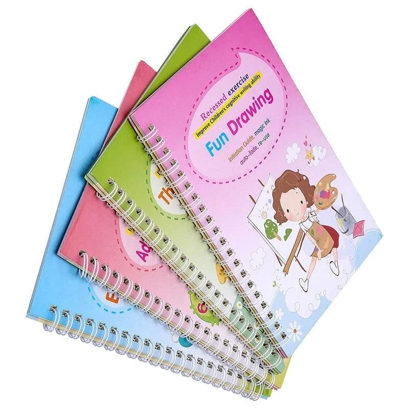 Set of 4 Child Learning Book, Writing Practice Copy Books, Magic Practice Copy Book For Kids, Handwriting Copy Book Set With Magic Pen, Children Reusable Workbook, Tracing Workbook with Pens Set of 4 Child Learning Book, Writing Practice Copy Books, Magic Practice Copy Book For Kids, Handwriting Copy Book Set With Magic Pen, Children Reusable Workbook, Tracing Workbook with Pens